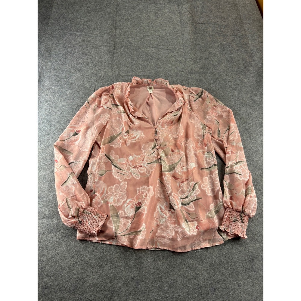 Autres Filles Pink Floral Burnout Blouse Ruffle Neck Smocked Top Preppy Womens S